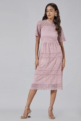 solid round neck lace womens knee length dress - blush