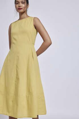 solid round neck linen women's calf length dress - ecru