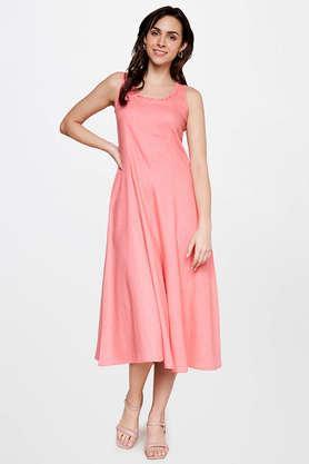 solid round neck linen women's midi dress - coral