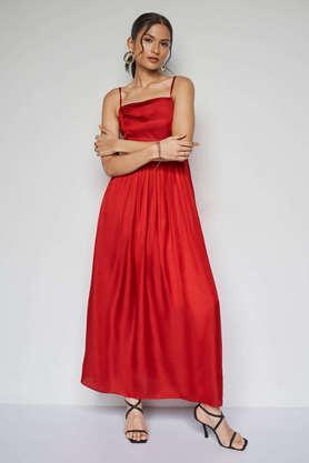 solid round neck modal women's dress - red
