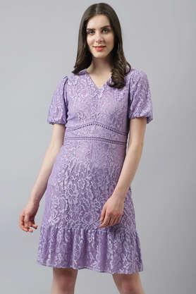 solid round neck nylon women's maxi dress - lilac