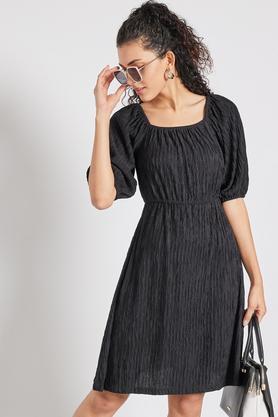 solid round neck polyester blend women's dress - black