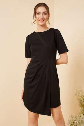 solid round neck polyester stretch women's mini dress - black