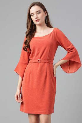 solid round neck polyester stretch women's mini dress - orange