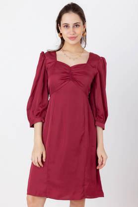 solid round neck polyester women's dress - maroon