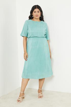 solid round neck polyester women's dress - teal