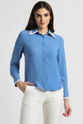 solid round neck polyester women's formal wear shirt - mid blue