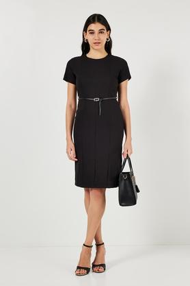 solid round neck polyester women's knee length dress - black