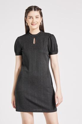 solid round neck polyester women's knee length dress - black