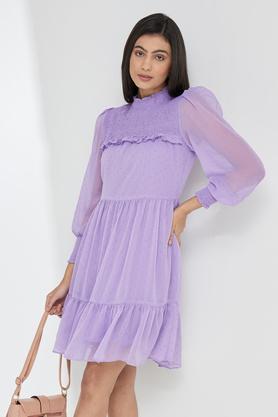 solid round neck polyester women's knee length dress - lilac