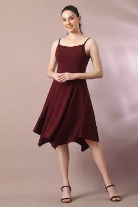 solid round neck polyester women's knee length dress - maroon