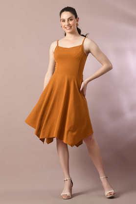 solid round neck polyester women's knee length dress - mustard