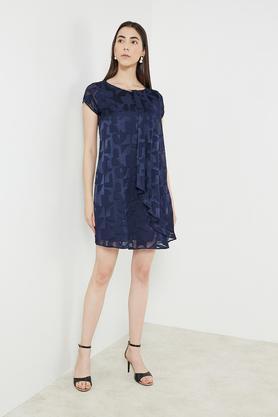 solid round neck polyester women's knee length dress - navy