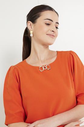 solid round neck polyester women's knee length dress - orange