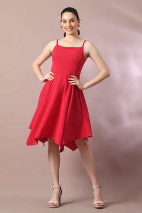 solid round neck polyester women's knee length dress - pink