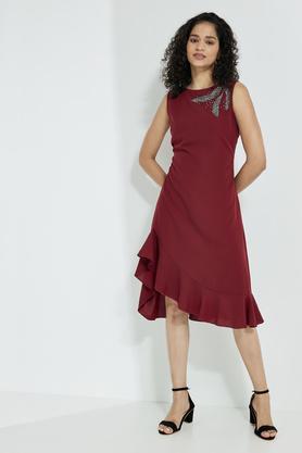 solid round neck polyester women's knee length dress - red