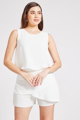 solid round neck polyester women's knee length dress - white