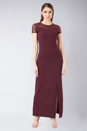 solid round neck polyester women's maxi dress - maroon