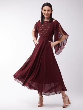 solid round neck polyester women's maxi dress - wine
