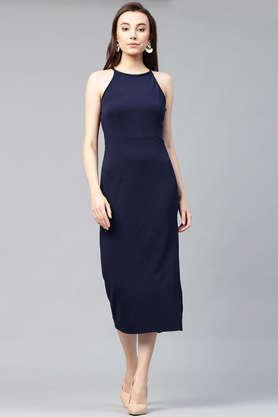 solid round neck polyester women's mid thigh dress - navy