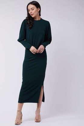solid round neck polyester women's mid thigh dress - teal