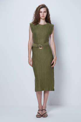 solid round neck polyester women's midi dress - olive