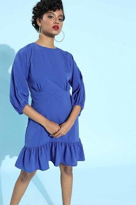 solid round neck polyester women's regular dress - blue