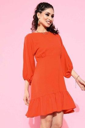 solid round neck polyester women's regular dress - orange