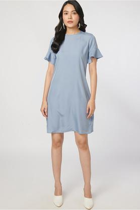 solid round neck polyester women's straight fit mini dress - grey