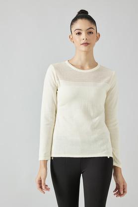 solid round neck polyester women's sweatshirt - ivory