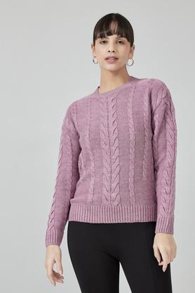 solid round neck polyester women's sweatshirt - pink