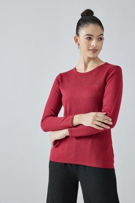 solid round neck polyester women's sweatshirt - red