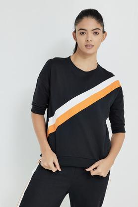 solid round neck polyester women's sweatshirts - black