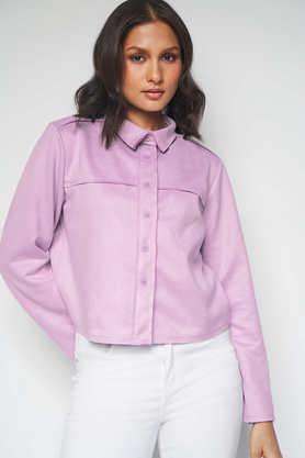 solid round neck polyester women's winter wear jacket - lilac