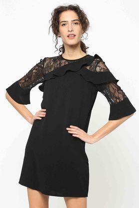 solid round neck polyester womens a-line dress - black