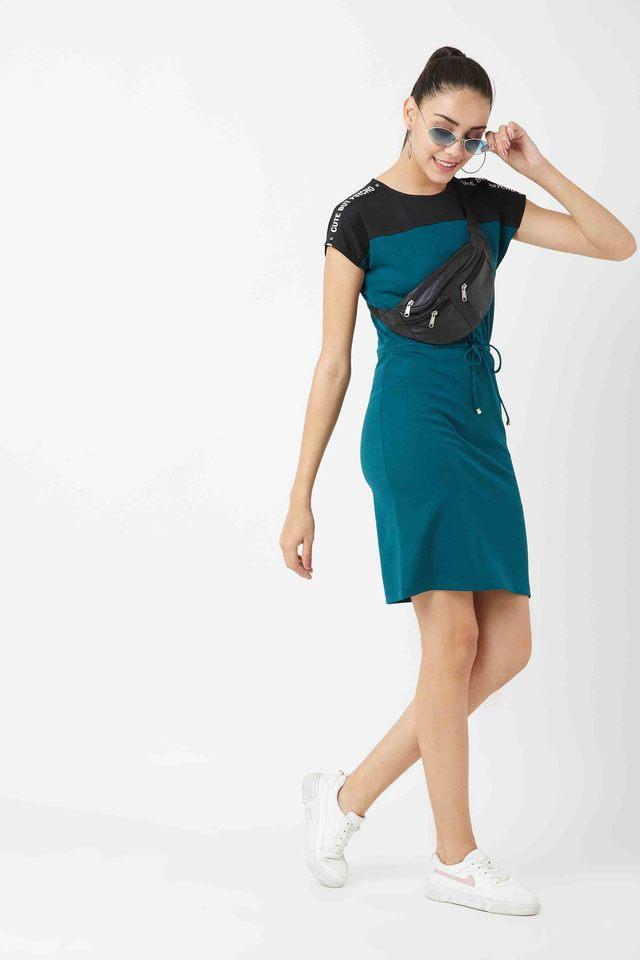 solid round neck polyester womens casual dress