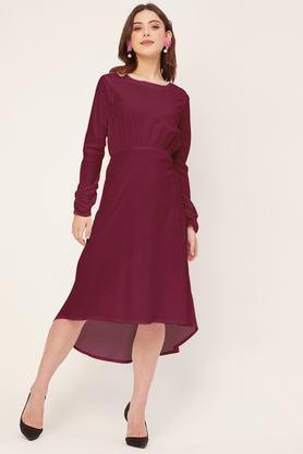 solid round neck rayon women's knee length dress - burgundy