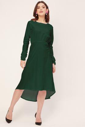 solid round neck rayon women's knee length dress - green