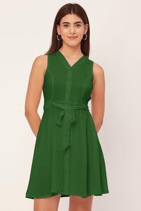 solid round neck rayon women's knee length dress - green