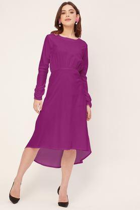 solid round neck rayon women's knee length dress - magenta