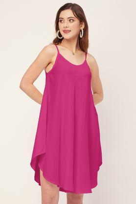 solid round neck rayon women's knee length dress - pink