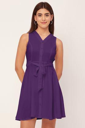 solid round neck rayon women's knee length dress - purple