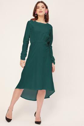 solid round neck rayon women's knee length dress - teal_green