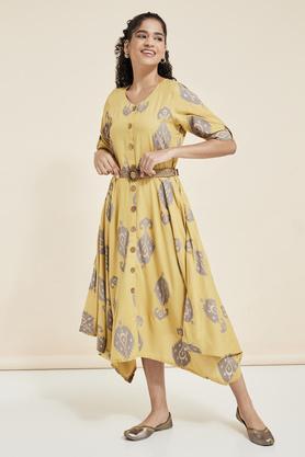 solid round neck rayon women's maxi dress - yellow