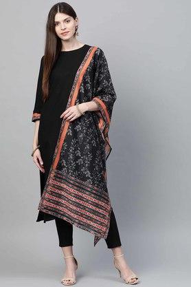 solid round neck rayon women's salwar kurta and dupatta set - black