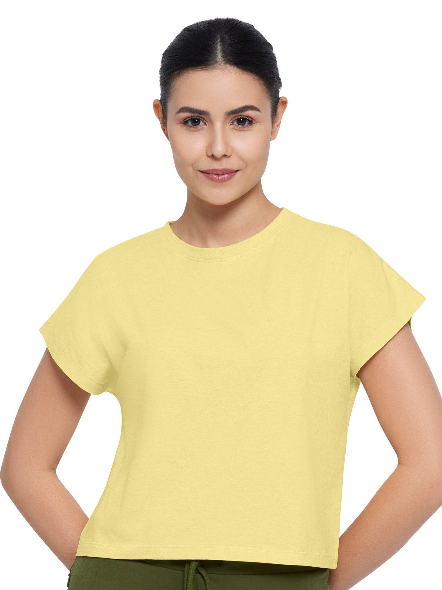 solid round neck short sleeves crop t-shirt - yellow