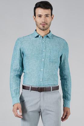solid round neck slim fit men's casual shirt - teal