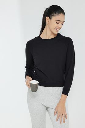 solid round neck tencel women's sweatshirt - black