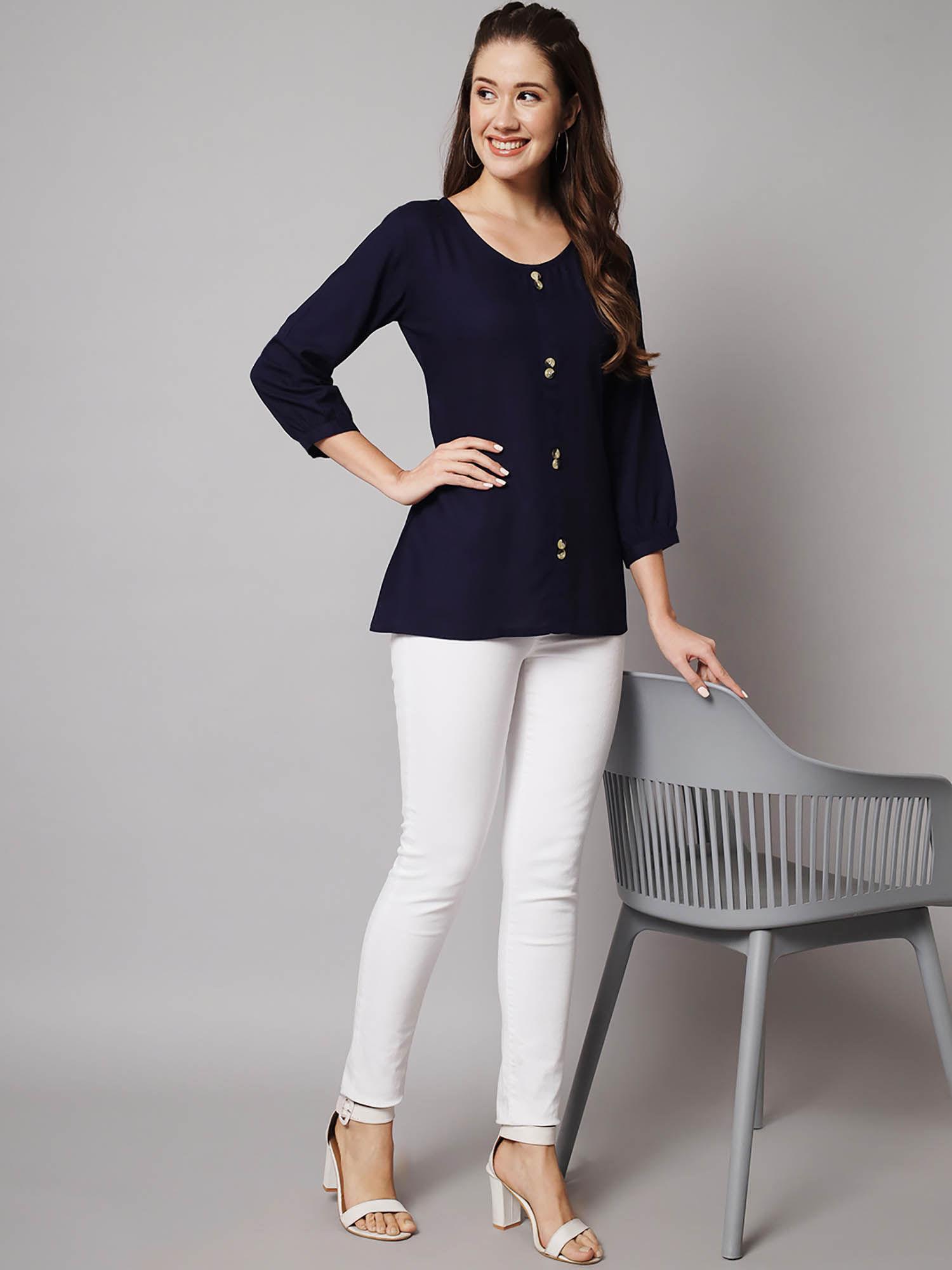 solid round neck three fourth sleeves top