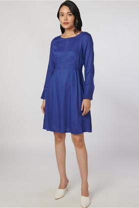 solid round neck viscose women's a line fit mini dress - navy